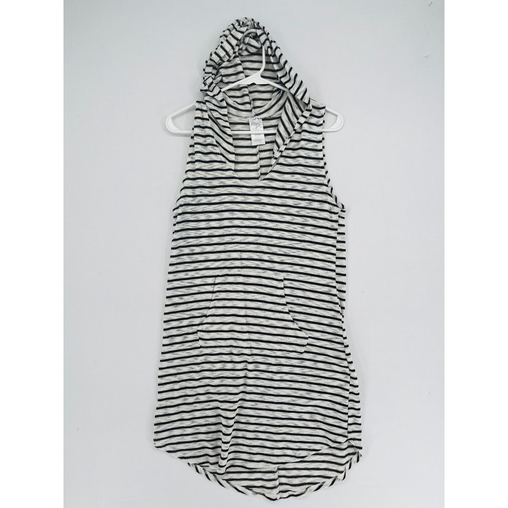 Kona Sol Womens Striped Sleeveless Hooded Swim Cover Up Black White Small